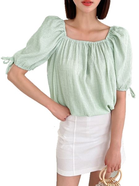 

dazy gingham square neck tie cuff puff sleeve blouse v34t#, White