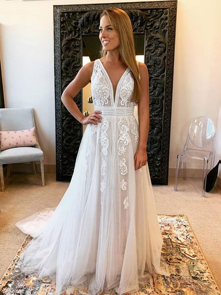 

2022 a-line bridal wedding dress small trailing new deep v-neck wedding dresses skirt slim simple lace female vestido de novia, White