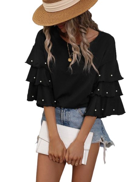 

pearls beaded layered sleeve tee m5me#, White