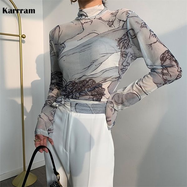 Karrram Rollkragen-Mesh-Bluse für Damen, Renaissance-Druck, lange Ärmel, durchsichtig, Damenoberteil, transparent, Designer-Top, Kleidung Herbst 220516