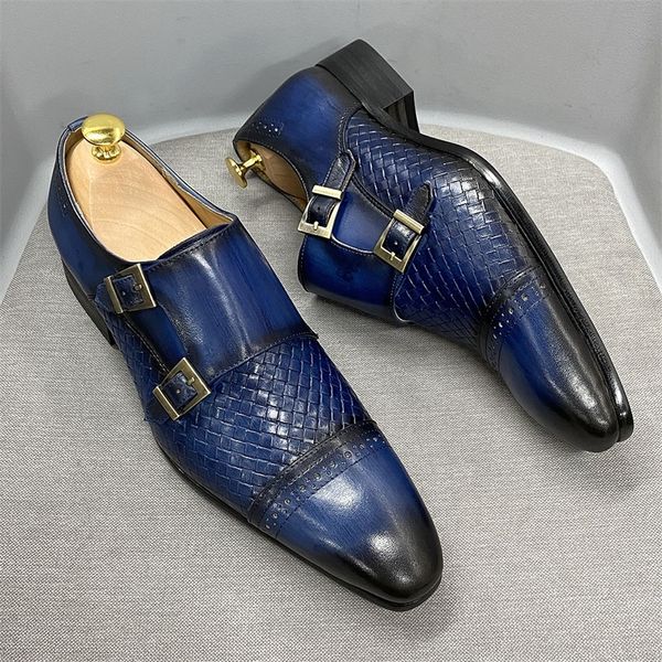 Luxuriöse klassische Herren-Hochzeitskleid-Schuhe, Schwarz, Blau, echtes Rindsleder, Mönchsschnalle, spitzer Zehenbereich, Oxford-Loafer-Schuhe für Herren 220727