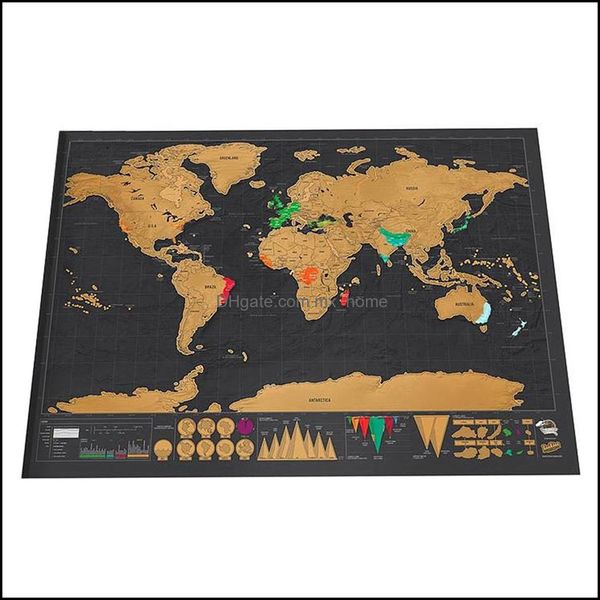 Figurines Deluxe Apagar Mapa do Mundo Preto Mapa Personalizado Viagem Scratch para Quarto Decoração de Casa Adesivos de Parede Gota entrega 2021 OBJE decorativo