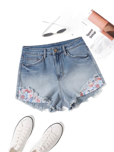 

floral raw hem denim shorts s4vc#, White;black