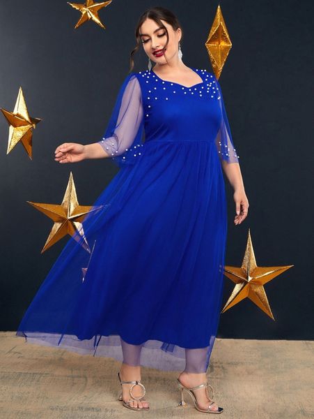 

plus pearl beaded sweetheart neck flutter sleeve mesh dress s5yv#, Black