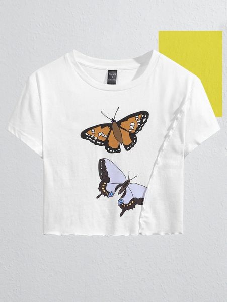 

x courtneygrabenshop butterfly print lettuce trim tee 28kd#, White