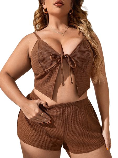 

plus tie front cami lounge set t3yy#, Black;white