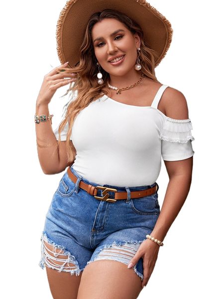 

plus asymmetrical neck ruffle trim tee g0yt#, Black
