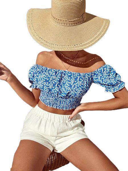 

d.itsy f.loral s.hirred ruffle trim o.ff s.houlder t.op y53a#, White