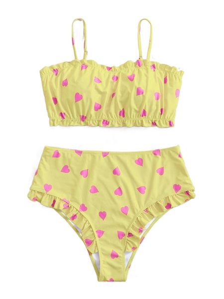 

plus heart print frill trim bikini swimsuit n1ez#, White;black