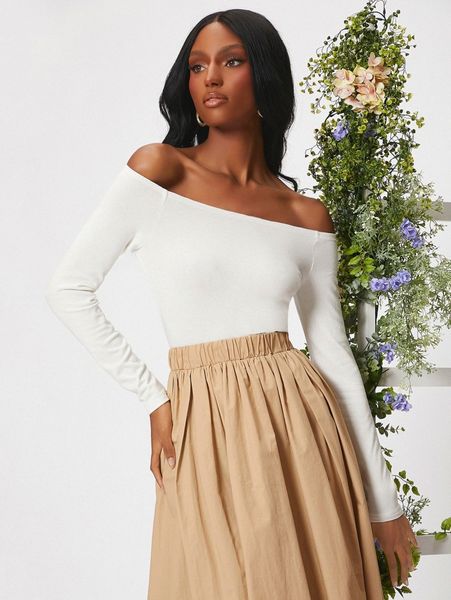 

ribbed knit solid off shoulder tee l7yz#, White