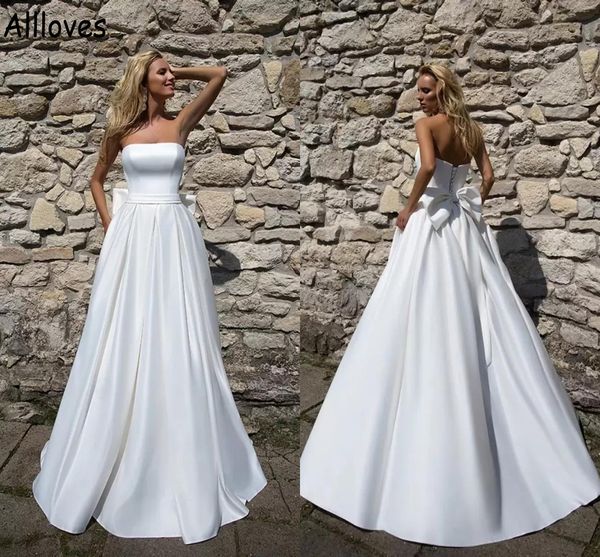 

strapless satin empire wedding dresses open back sleeveless boho garden a line bridal gowns with bow floor length modern simple beach robes, White