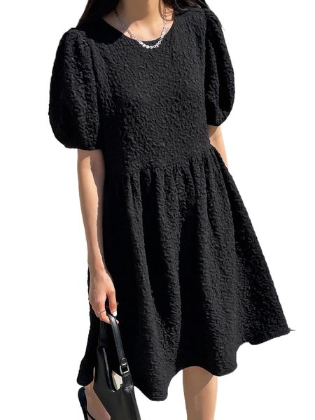 

dazy-less textured zip back puff sleeve dress a2cz#, Black;gray