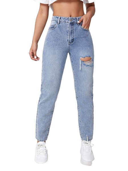 

ripped light wash mom fit jeans i9hd#, Blue