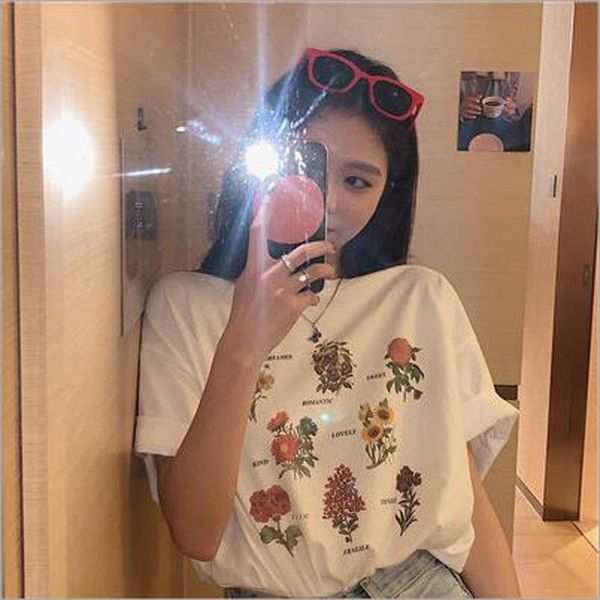 

women's t-shirt flower print t shirt women spring summer short sleeve round neck woman casual slim fit tee femmewomen's, White