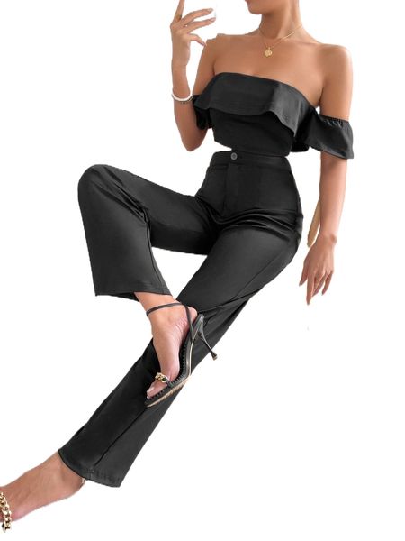 

off shoulder crop with straight leg pants 75hr#, White
