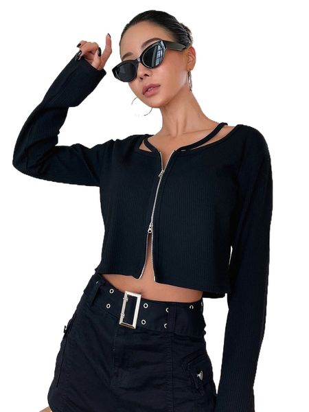 

dazy two-way zipper rib-knit crop tee v3s9#, White