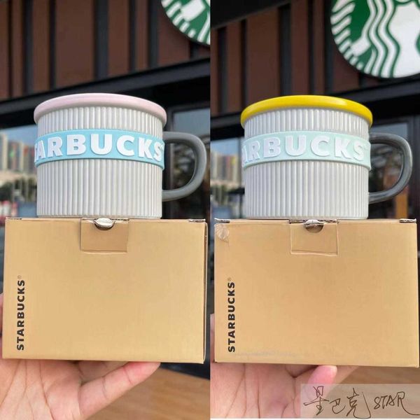

starbucks cup pink yellow 385ml contrast stripe relief mug ceramic coffee cup