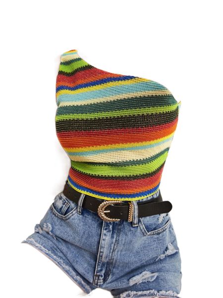 

block striped one shoulder l6xt#, White