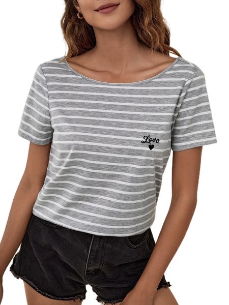 

striped letter & heart embroidery contrast guipure lace tee u2qm#, White