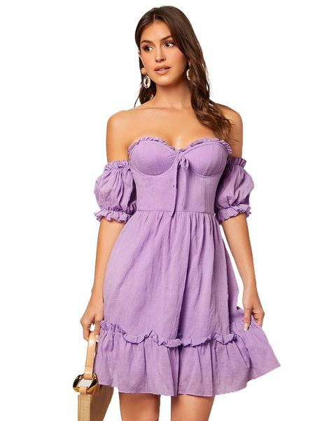 

o.ff s.houlder knot f.ront r.uffle h.em bustier d.ress a0kg#, Black;gray