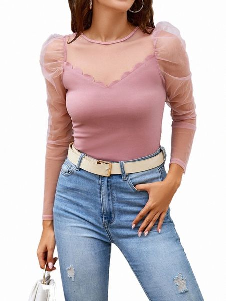

mesh puff sleeve scallop edge m4n0#, White