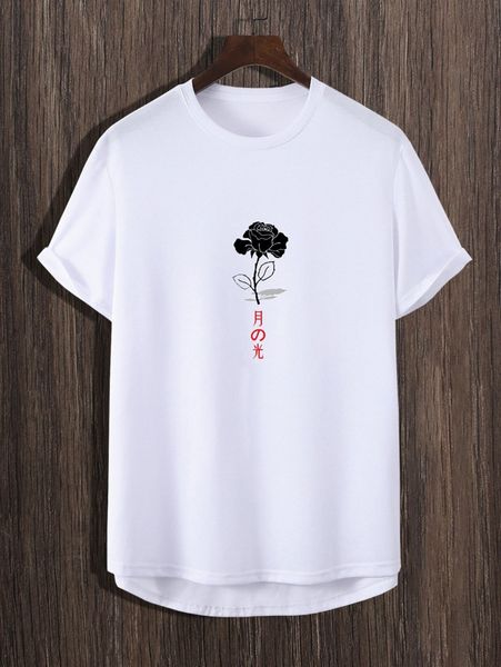 

men floral and japanese letter graphic high low hem tee s0ao#, White;black
