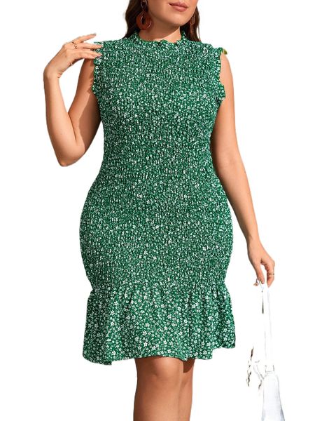 

plus ditsy floral shirred frill trim mermaid hem bodycon dress v5jo#, Black
