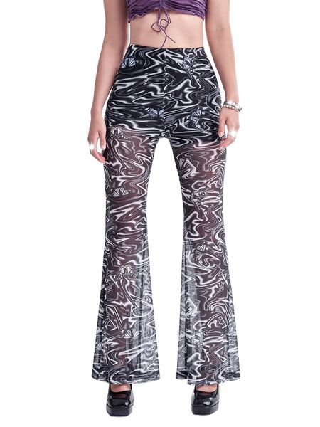 

marbled print high waist flare leg pants w19v#, Black;white