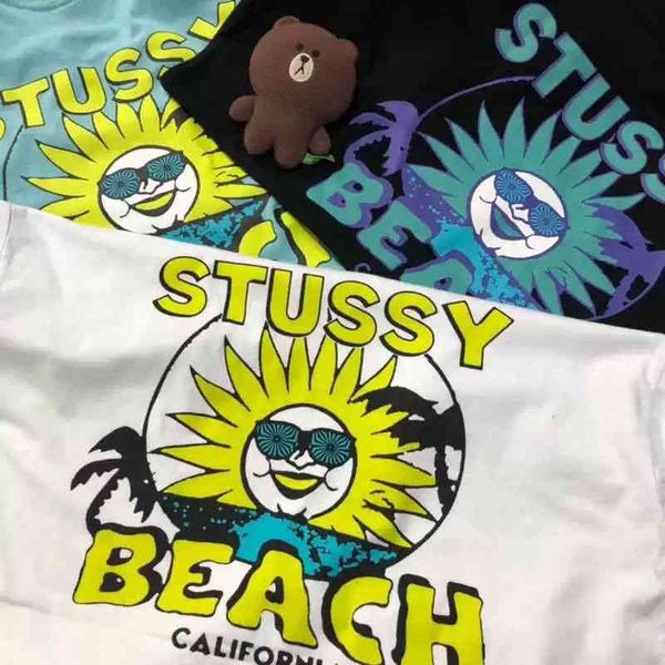 

european and american fashion stusy brand beach printed round neck short sve t-shirt men and women lovers loose, White;black