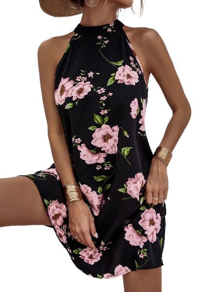 

floral print keyhole back halter dress r0wk#, Black;gray