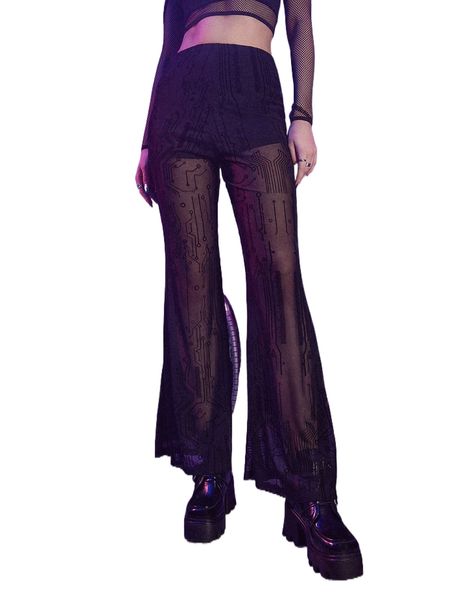 

romwe cyber luvr allover print contrast mesh pants m0je#, Black;white