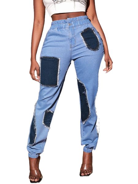 

sxy paper bag waist rag stitching raw trim jogger jeans 31pi#, Blue