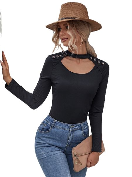 

button detail choker neck tee i3je#, White