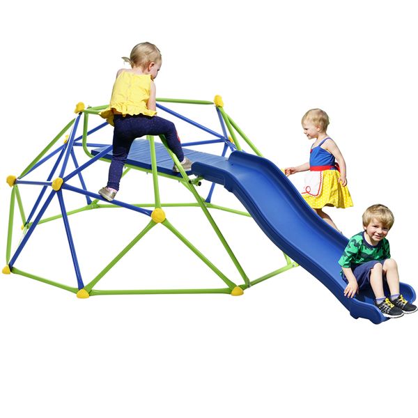 

home outdoor fitness kids climbing dome jungle gym - 6 ft geometric playground dome climber play center with 4.6ft wave slide rust & uv resi