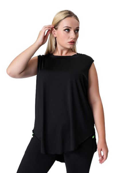 

plus solid curved hem sports 370j#, Black