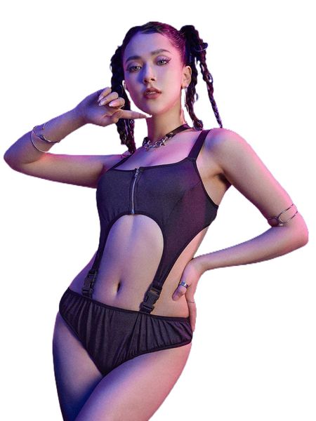 

romwe cyber luvr solid cut out teddy bodysuit i8ee#, Black;red