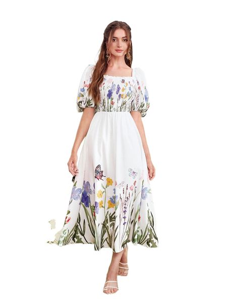 

floral print shirred tie back a-line dress f0fs#, Black;gray