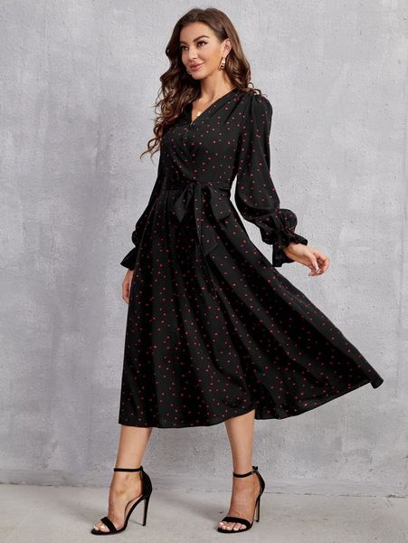 

bell sleeve tie back polka dot dress o9rj#, Black;gray