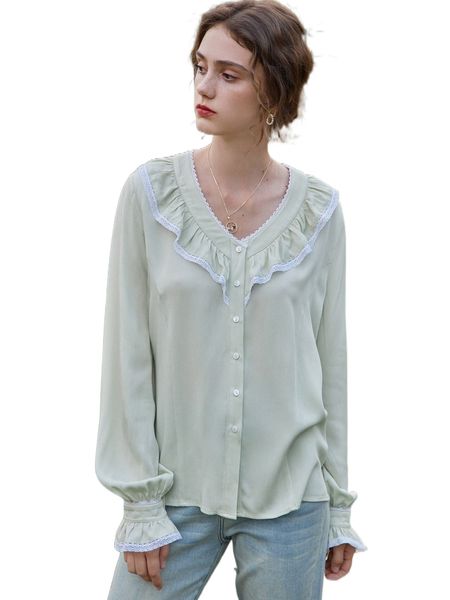 

simple retro lace detail flounce sleeve ruffle trim blouse l0t3#, White