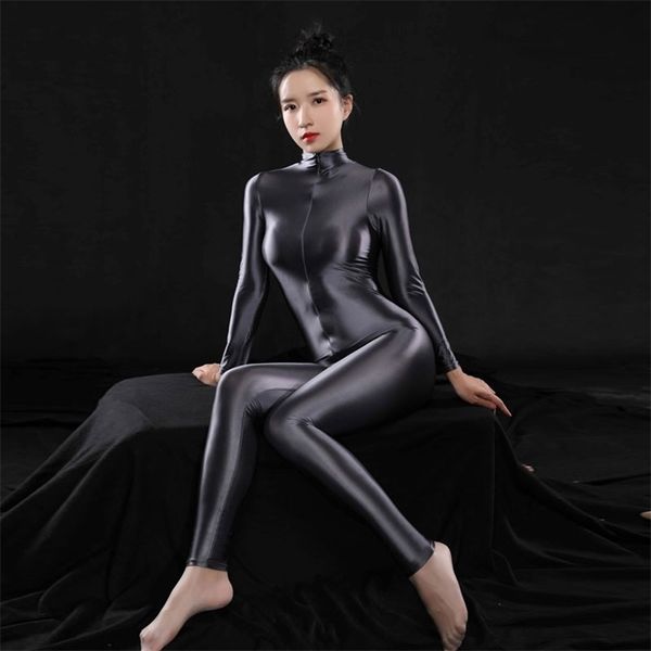 

plus size full body bodysuit high elasitc clubwear sheer smooth pants oil gloosy tight shaping candy color f37 210326, Black;white