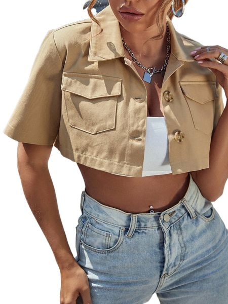 

flap pocket solid crop jacket without tube j74u#, Black;brown