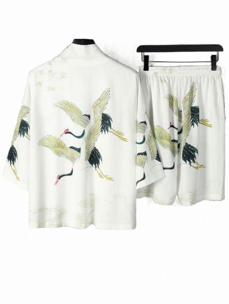 

men random crane print drop shoulder kimono & shorts without tee c3kp#, Gray