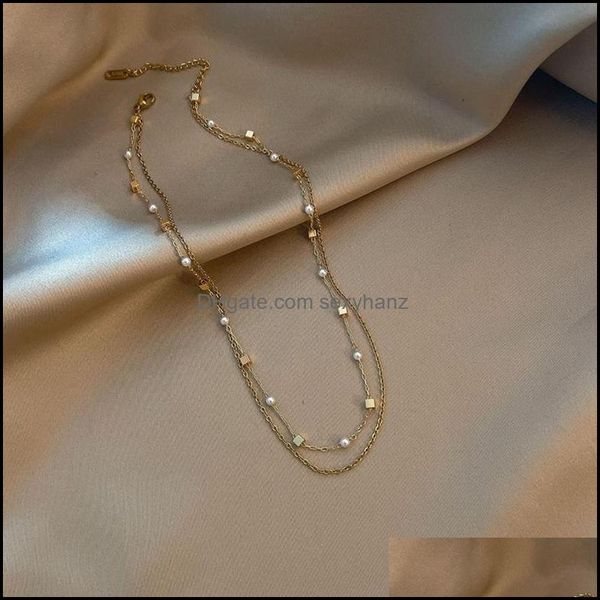 

chains necklaces pendants jewelry white imitation pearl double stacked square pendant stainless steel necklace for women simp dhsnu, Silver
