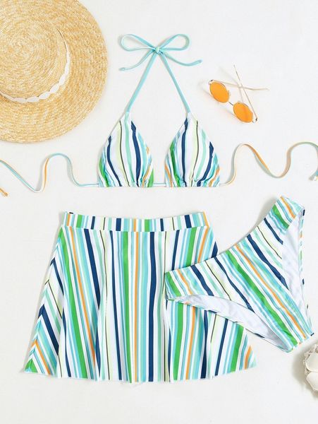 

3pack striped halter triangle bikini swimsuit & beach skirt d4ey#, White;black