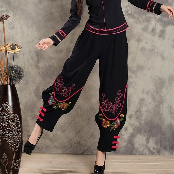 

mexico style vintage long black embroidery embroidery wide leg pant for women long ethnic original pant trousers pantalettes 201012, Black;white