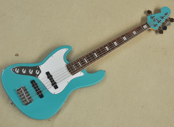 

left hand blue 5 strings electric jazz bass guitar with rosewood fretboard