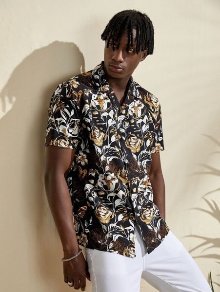 

men floral print shirt p2k6#, White;black