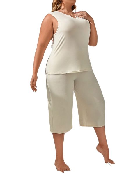 

plus solid notched neckline pajama set w4r9#, Black;white