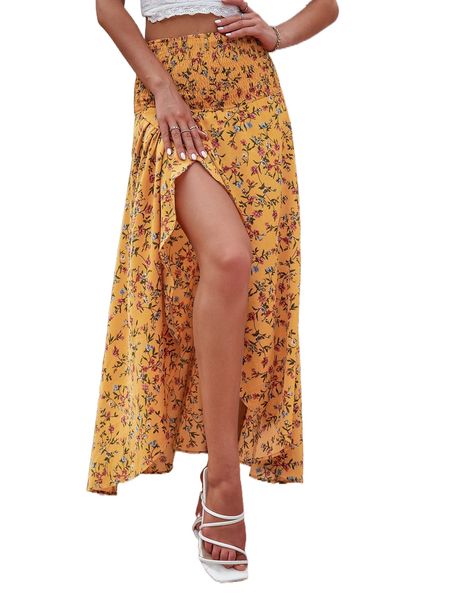 

floral print shirred wrap hem skirt r8da#, Black