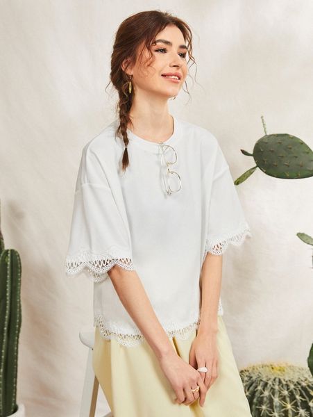 

guipure lace insert drop shoulder tee 53sw#, White